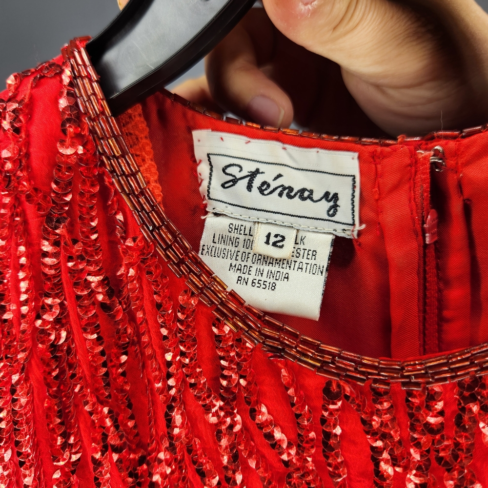 Stenay Size 12 Silk Vintage Red Sequin Maxi Dress - Picture 4 of 6